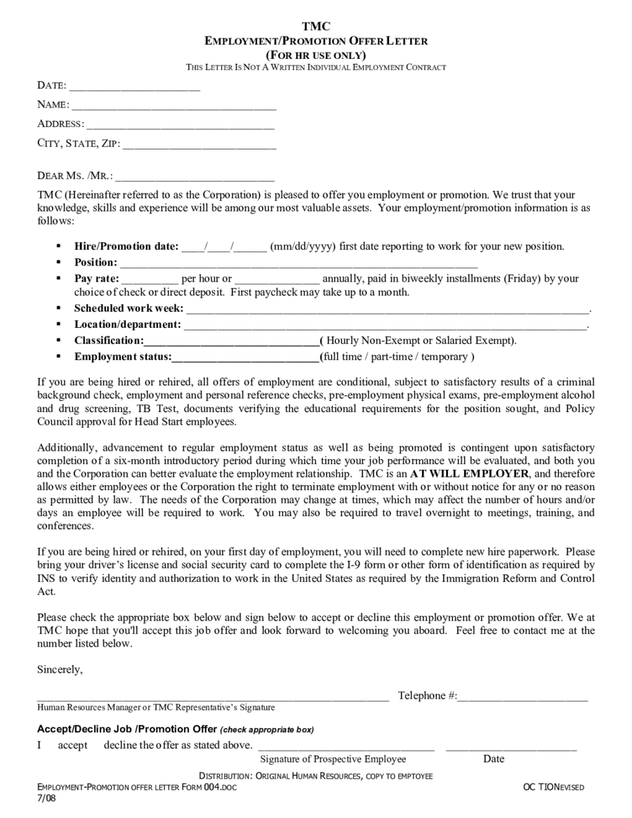 2020 Offer Letter Format Fillable Printable Pdf Forms Handypdf