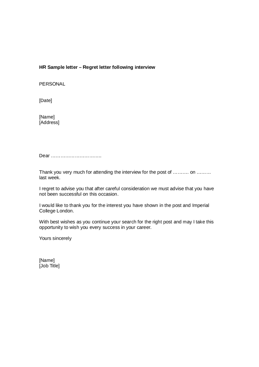 Job Rejection Letter Sample