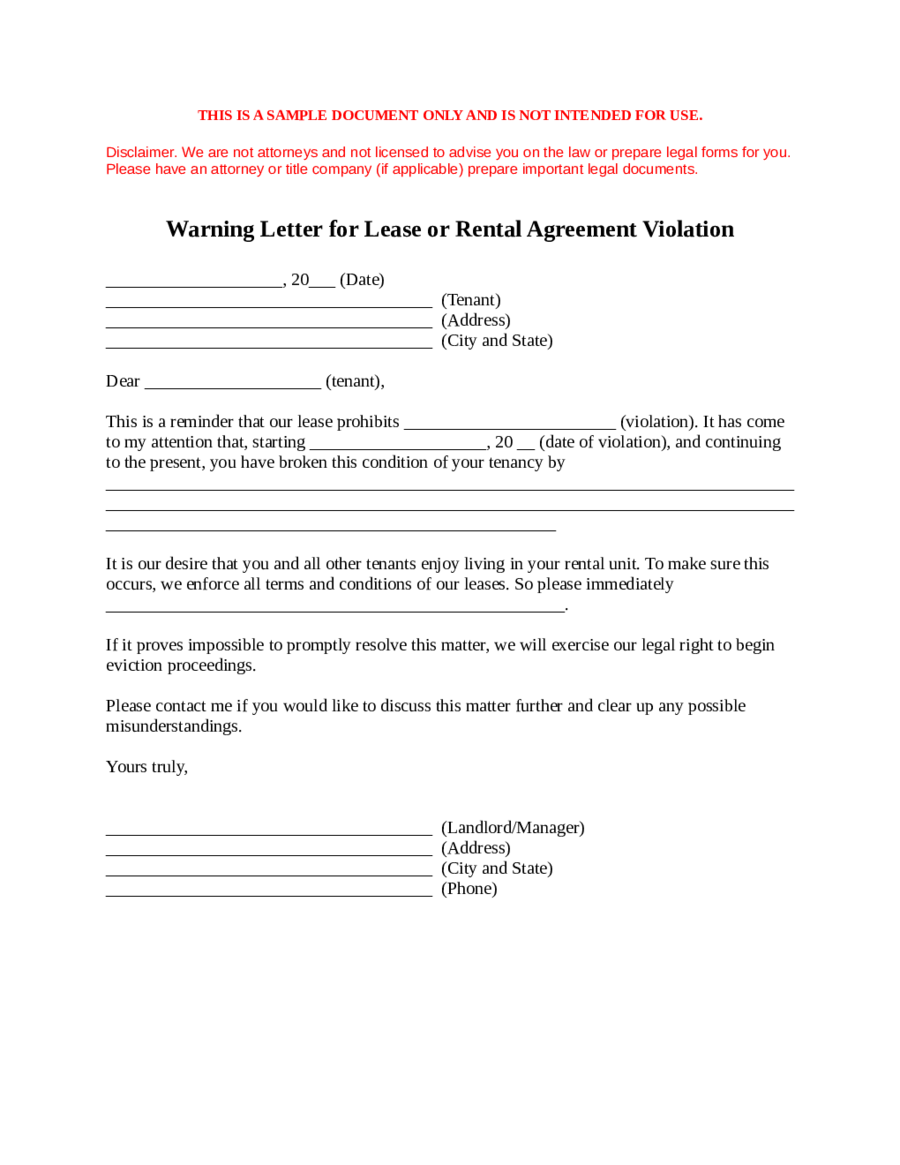 Generic Warning Letter for Lease or Rental Agreement Violation