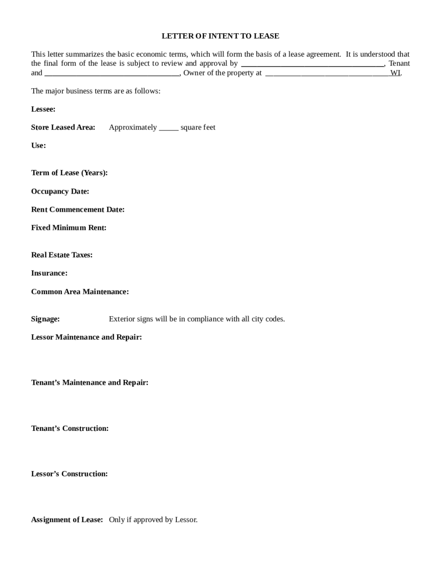 Letter Of Intent Template to Lease
