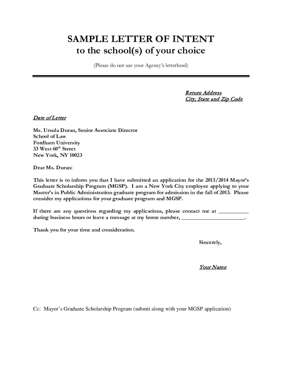 Letter Of Intent For School Template