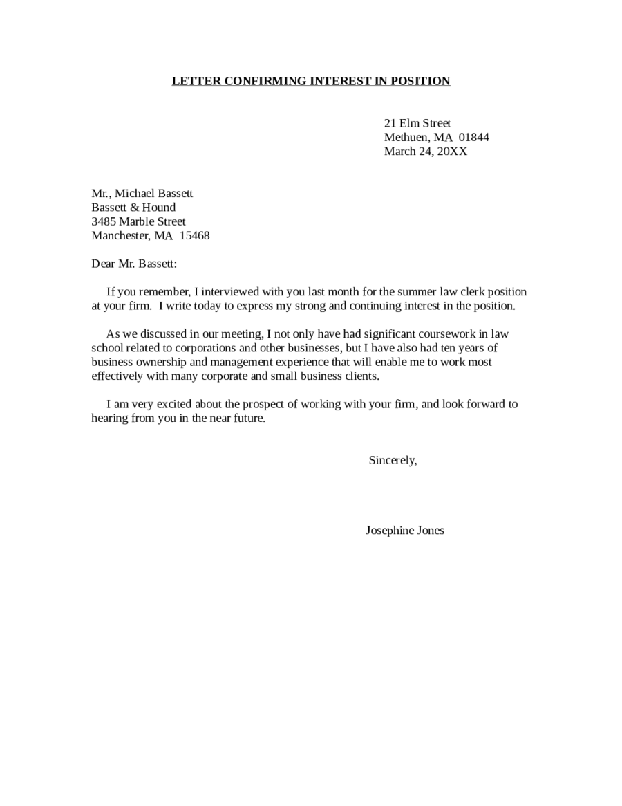 Letters Of Interest-LETTER CONFIRMING INTEREST IN POSITION