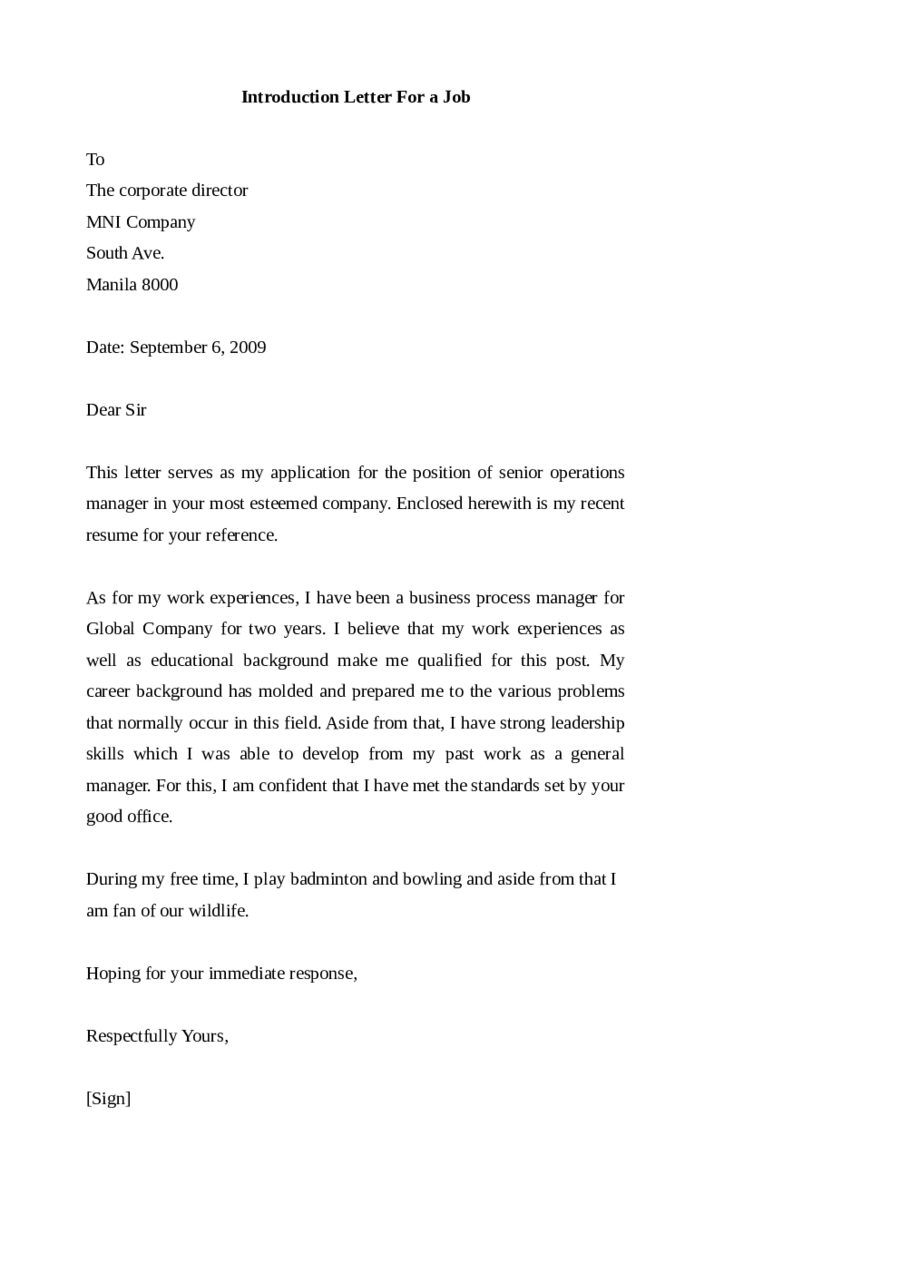 Letter Of Introduction For A Job Template