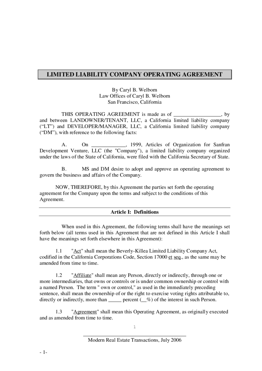 Limited Liability Company Operating Agreement Template