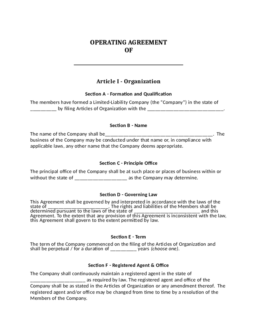 Operating Agreement Template Pdf