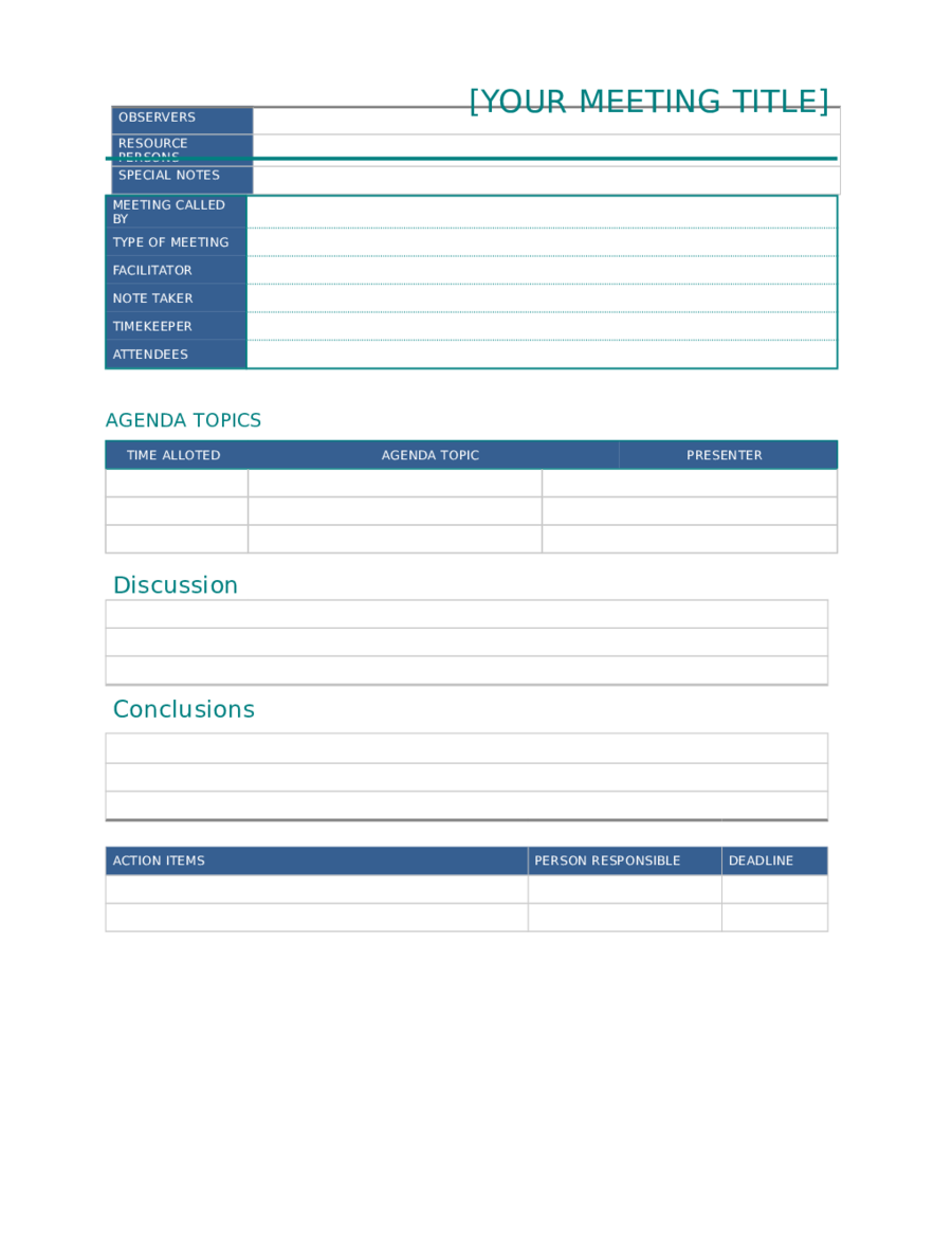 Printable Blank Meeting Minutes Template