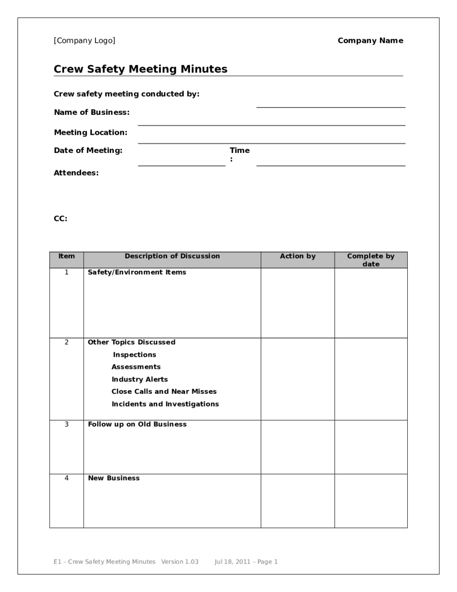 Safety Meeting Minutes Template Word