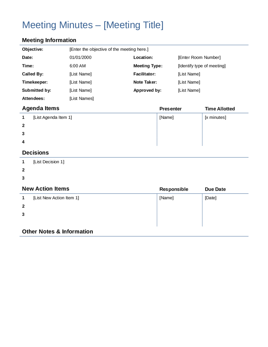 Meeting Minutes Template - Detailed