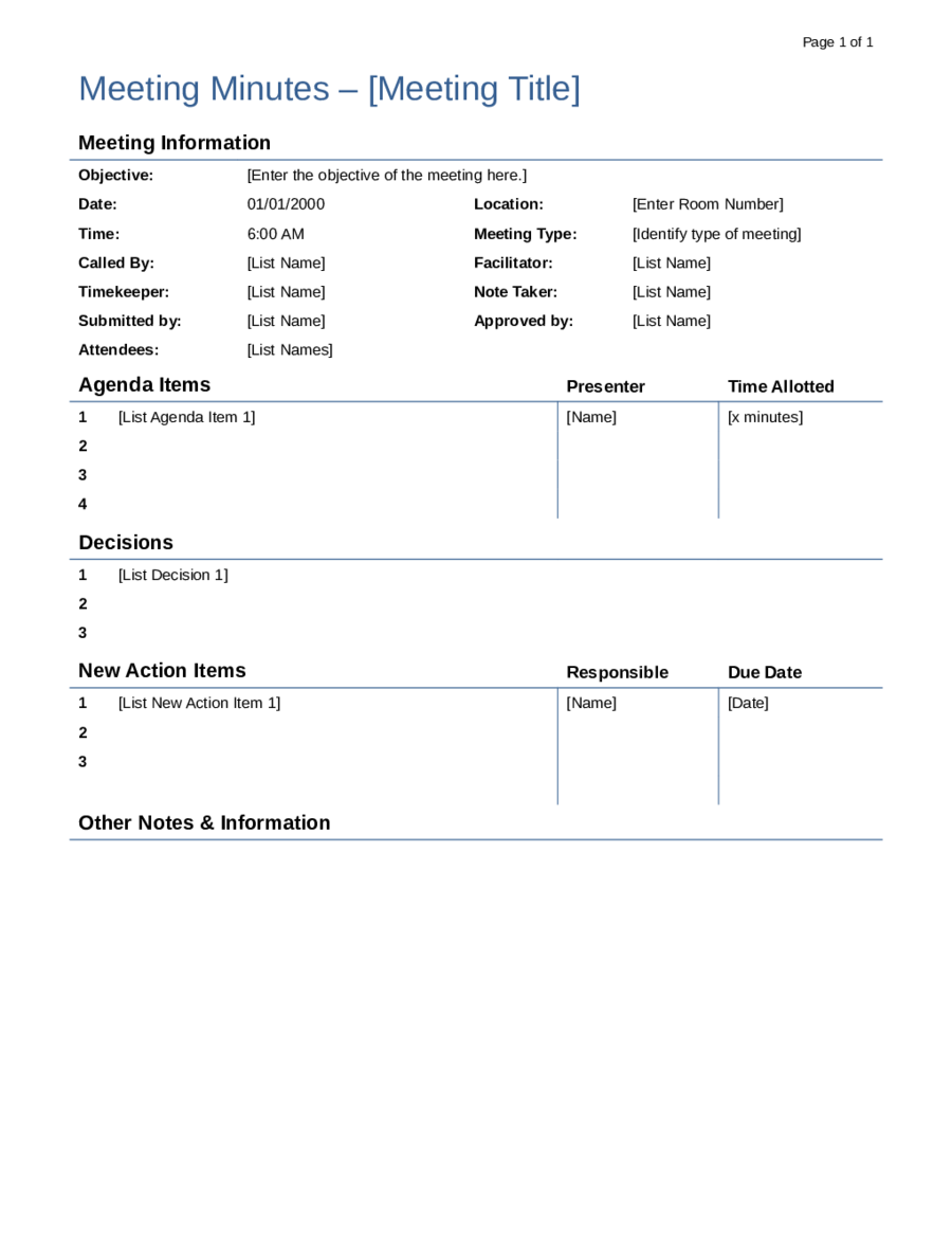 Meeting Minutes Template - Detailed Word