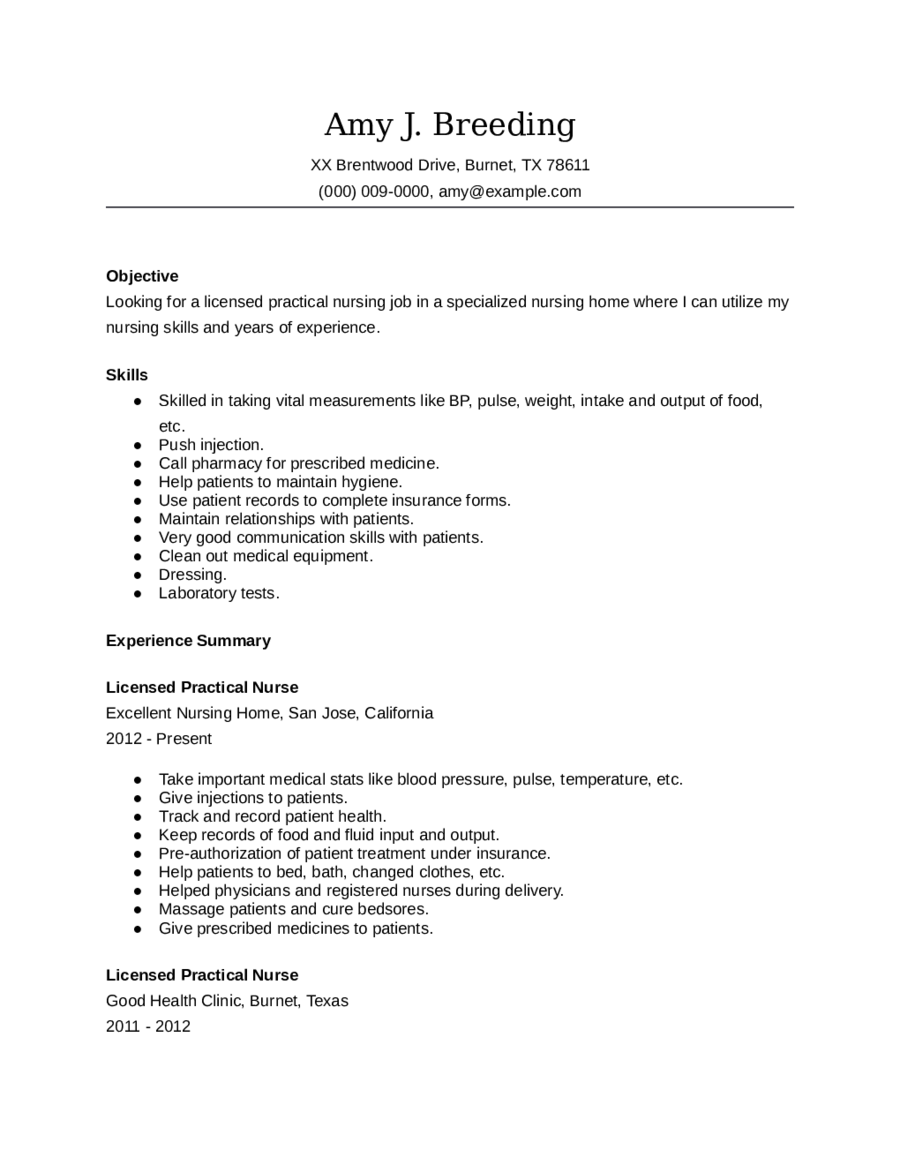 Licensed Practical Nurse Lpn Resume Objective
