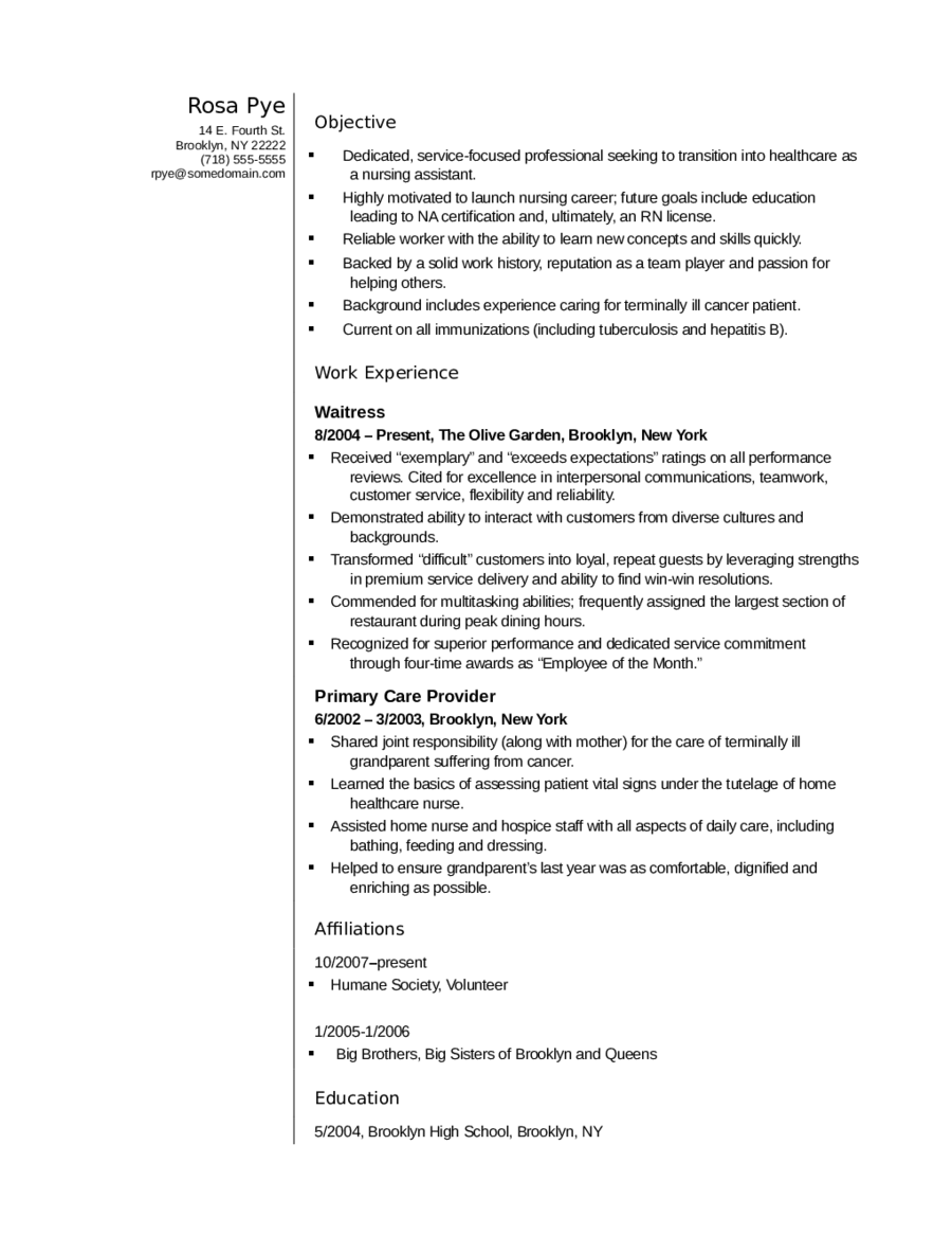 Sample Resume for a Nursing Assistant