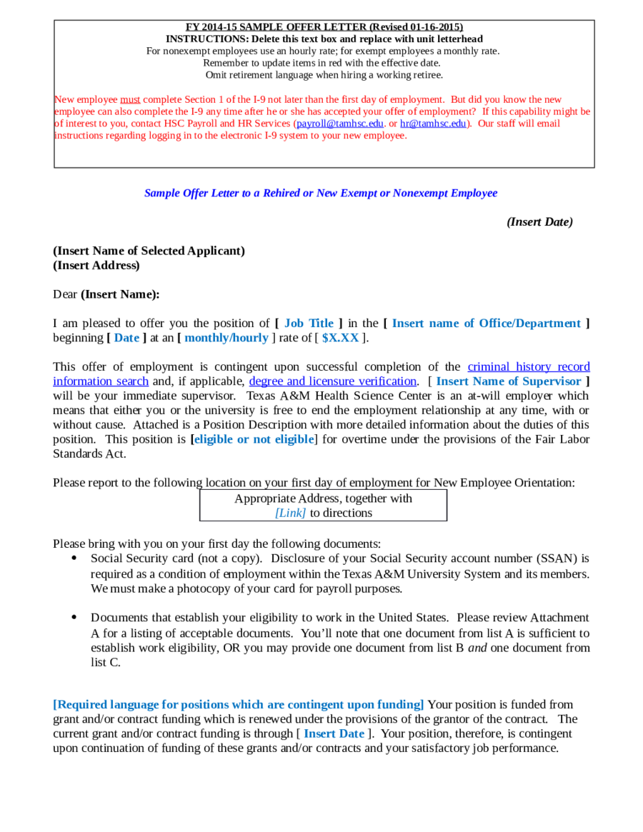 Sample Offer Letter to a Rehired or New Exempt or Nonexempt Employee
