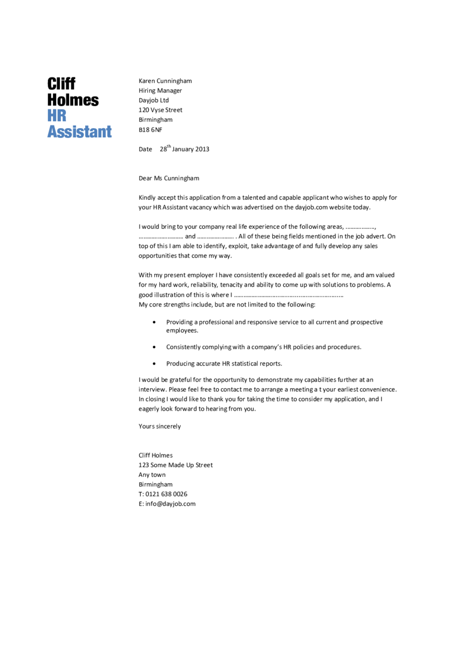 hr assistant cover letter template