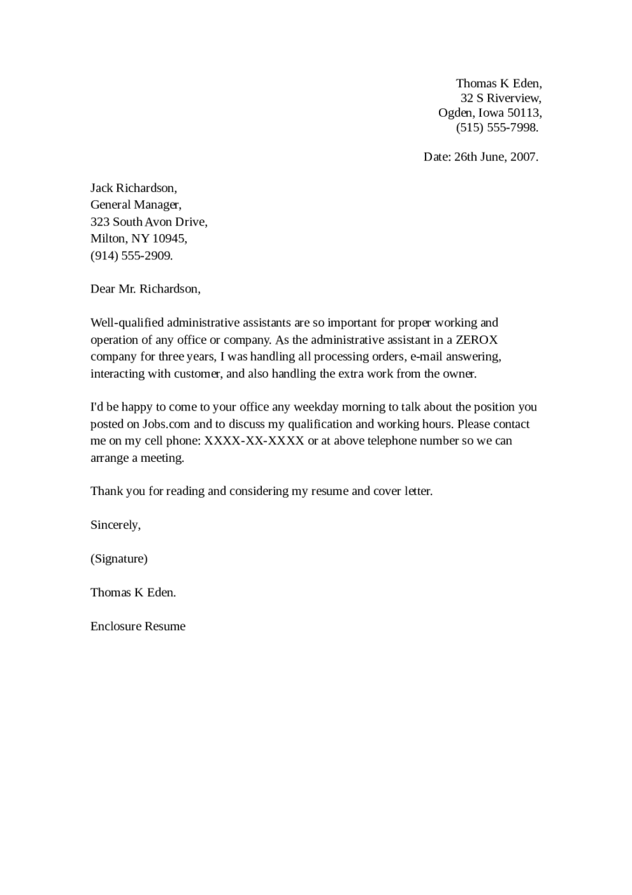 sample of office assistant application letter