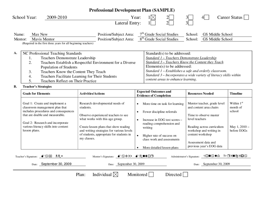 personal development plan completed example