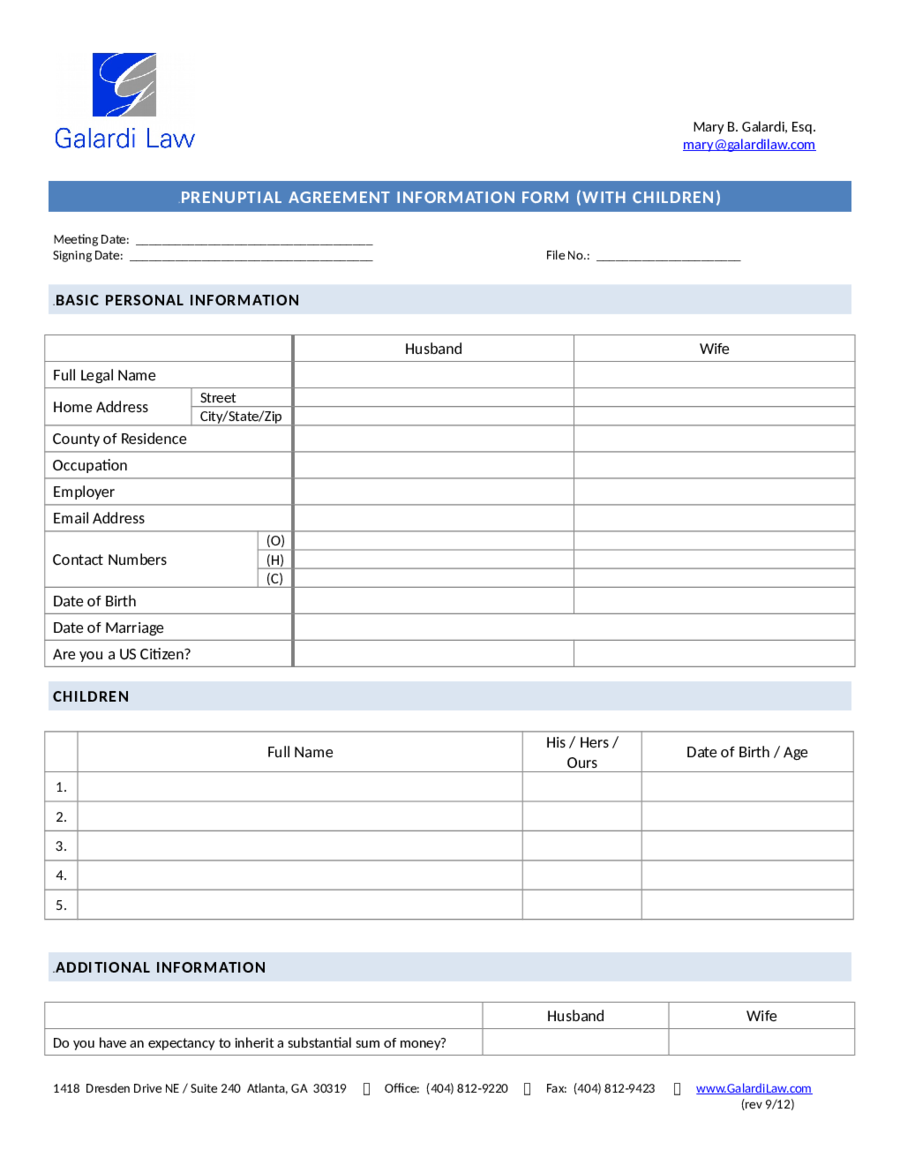 Prenuptial Agreement Information Form (Withchildren)