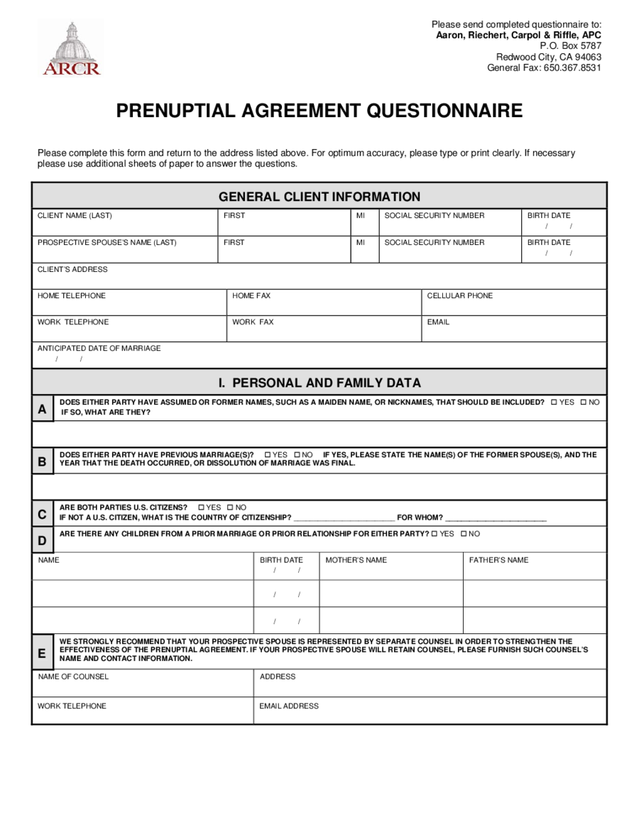 Prenuptial Agreement Form Printable