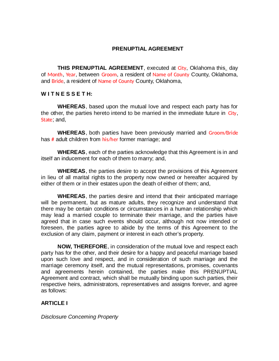 Printable Prenuptial Agreement Sample