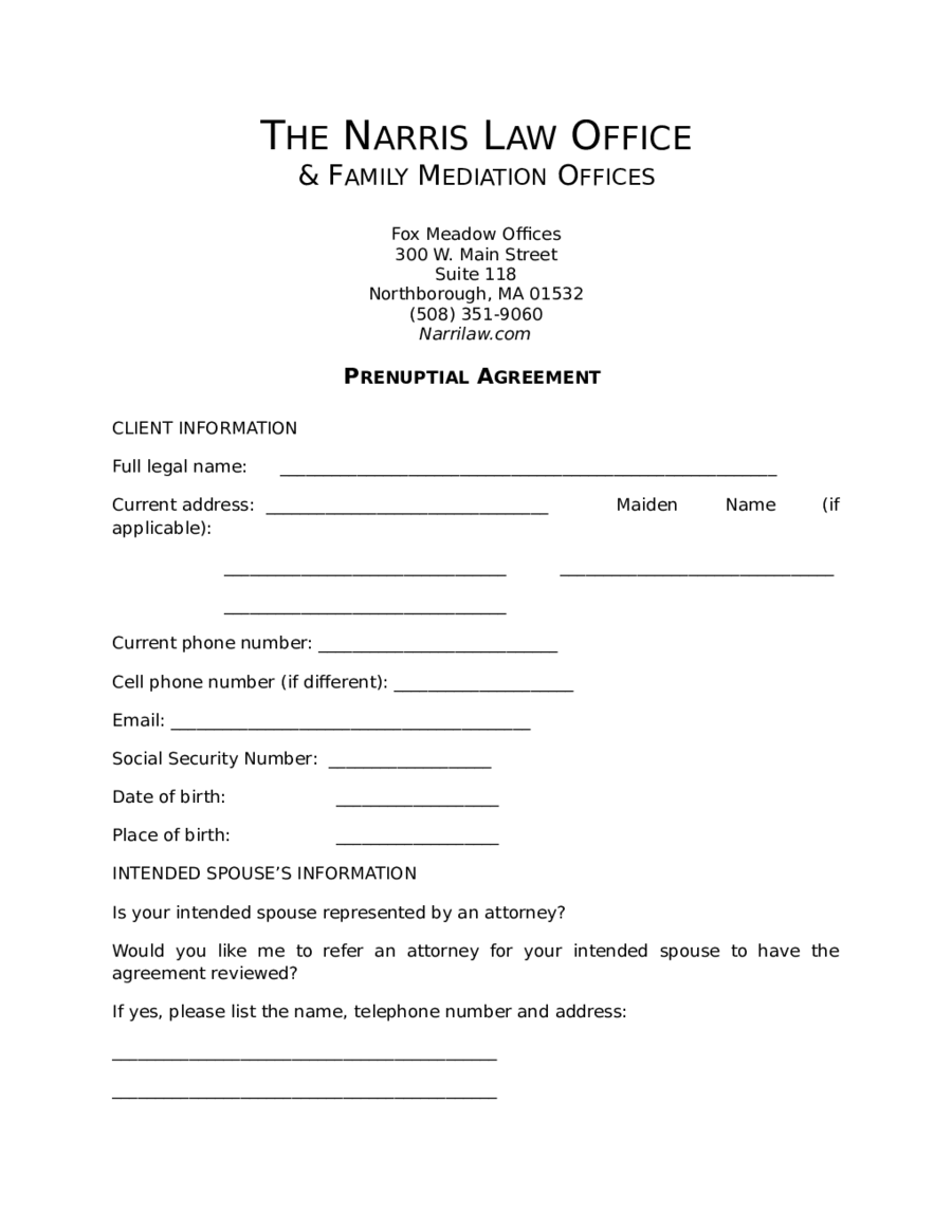 Prenuptial Agreement Form Sample