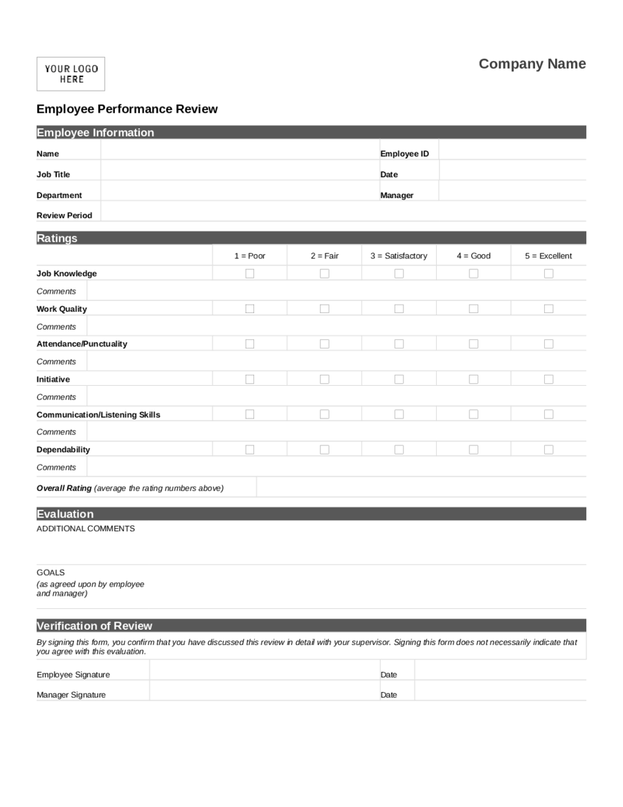Employee performance review form (short)