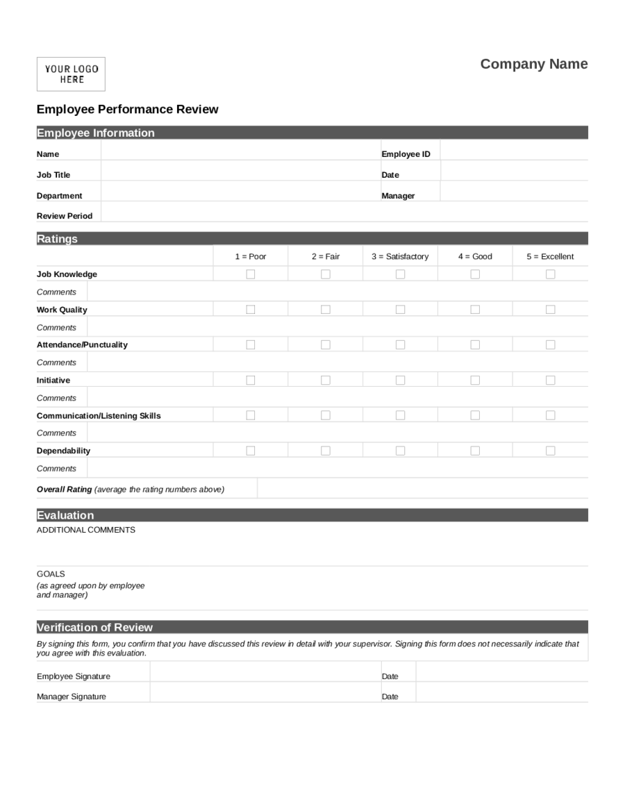 Printable Employee Evaluation Sample