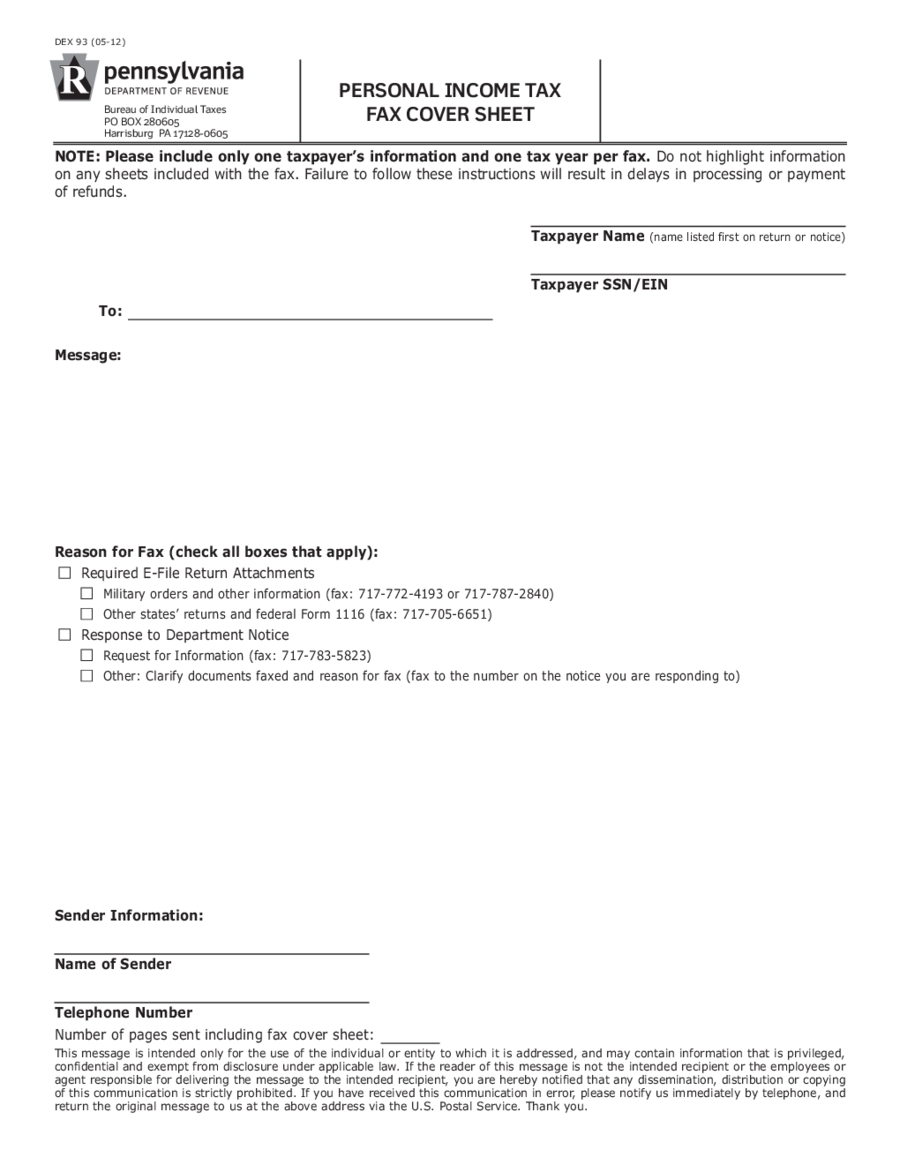 Personal Income Tax Fax Cover Sheet (DEX 93)
