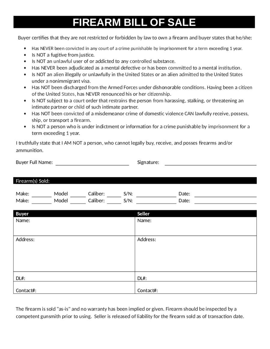 2023 Firearm Bill of Sale Form Fillable, Printable PDF & Forms Handypdf