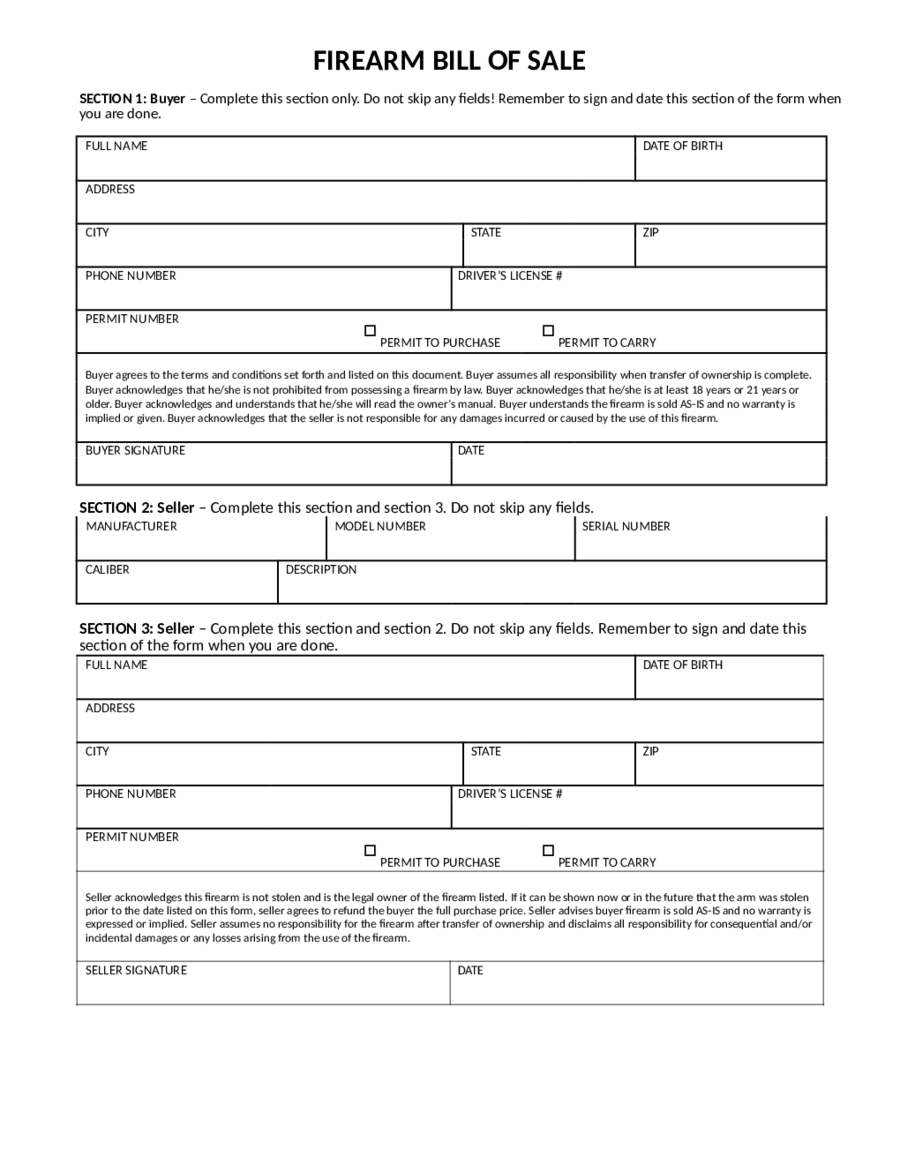 2024 Firearm Bill Of Sale Form Fillable Printable PDF Forms Handypdf