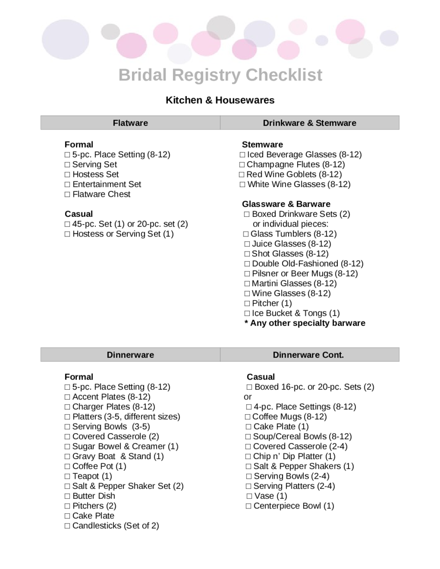 Printable Wedding Checklist-Bridal Registry Checklist