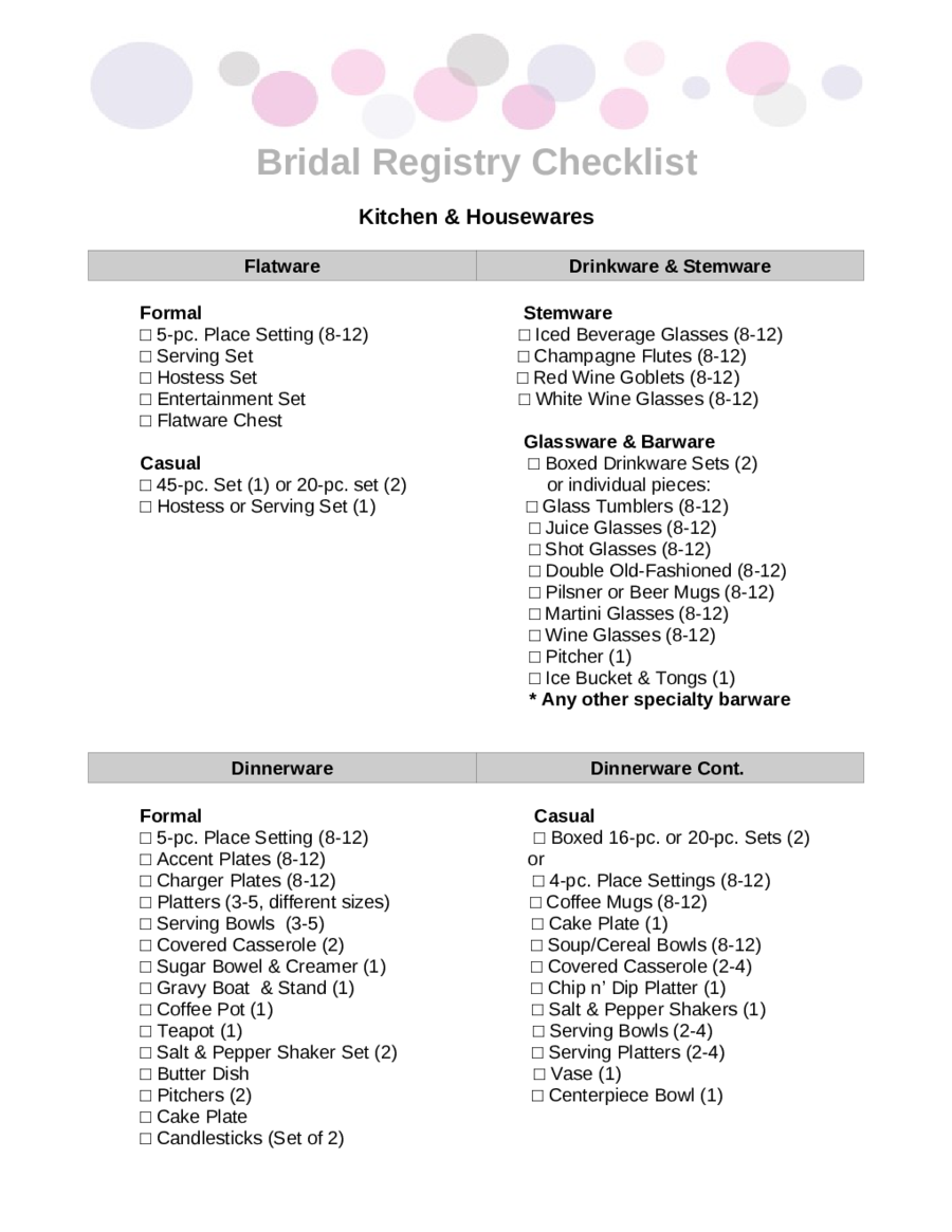 free printable wedding registry checklist