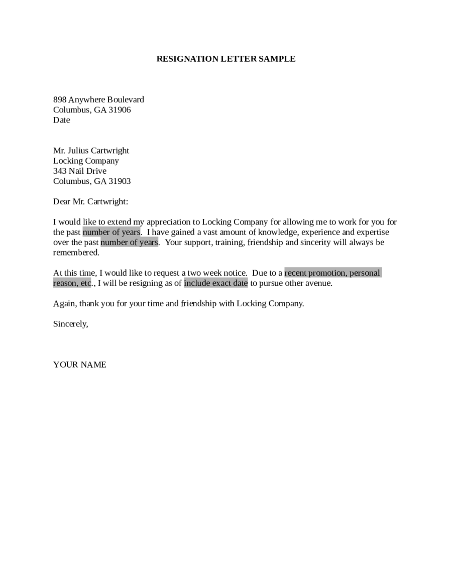 Format For Letter Of Resignation Professional