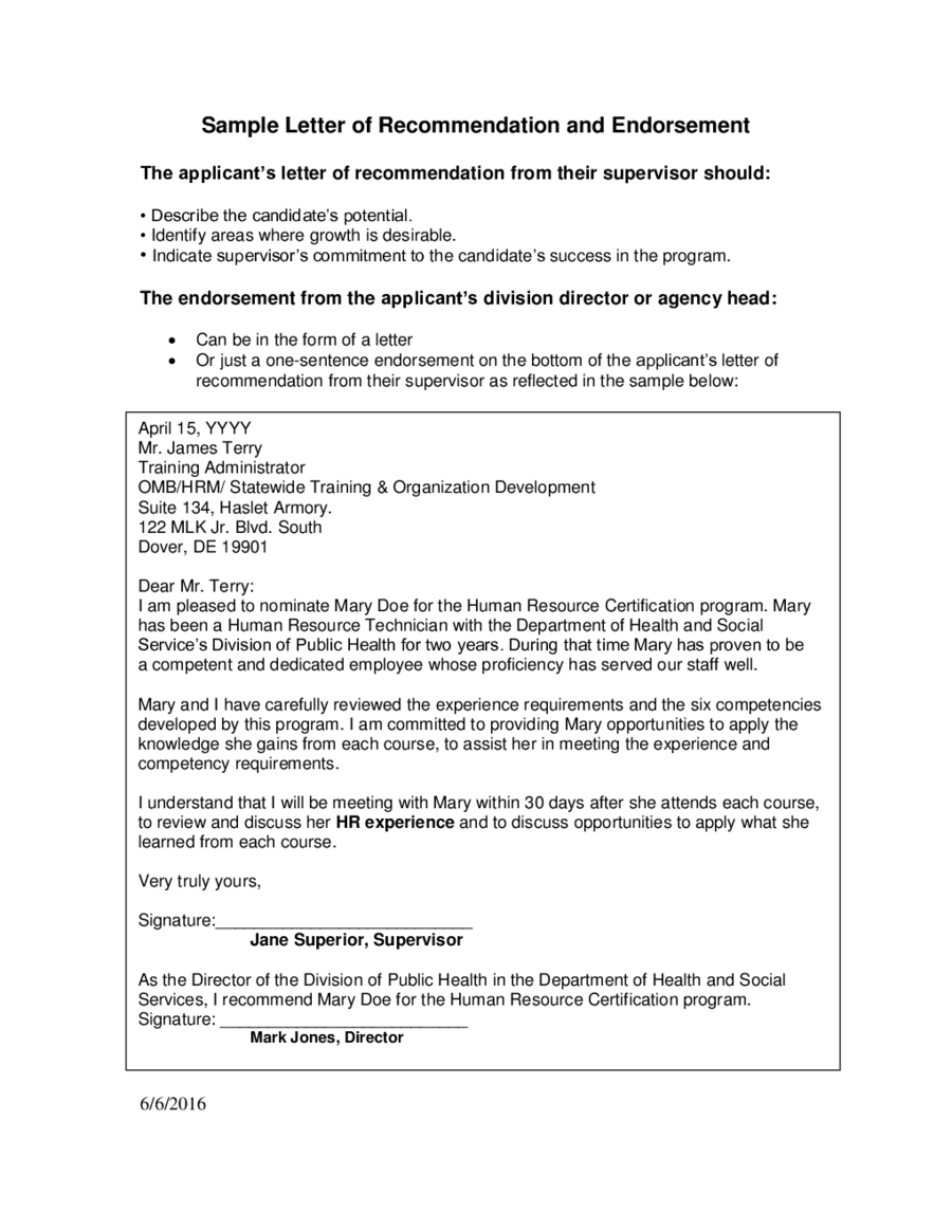 Sample Letter of Recommendation and Endorsement