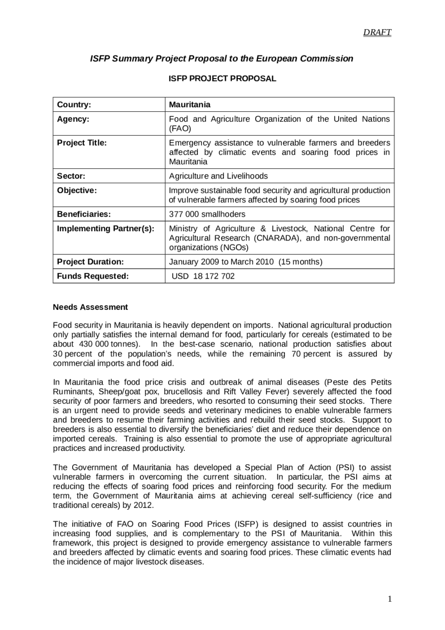 General format for ISFP Summary Project Proposal to the European Commission