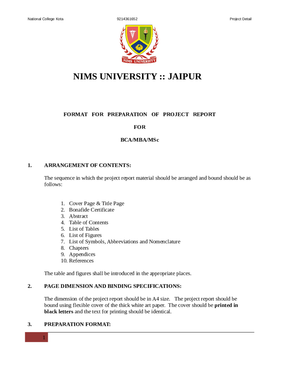 Format For Preparation Of Project Report For BCA/MBA/MSc