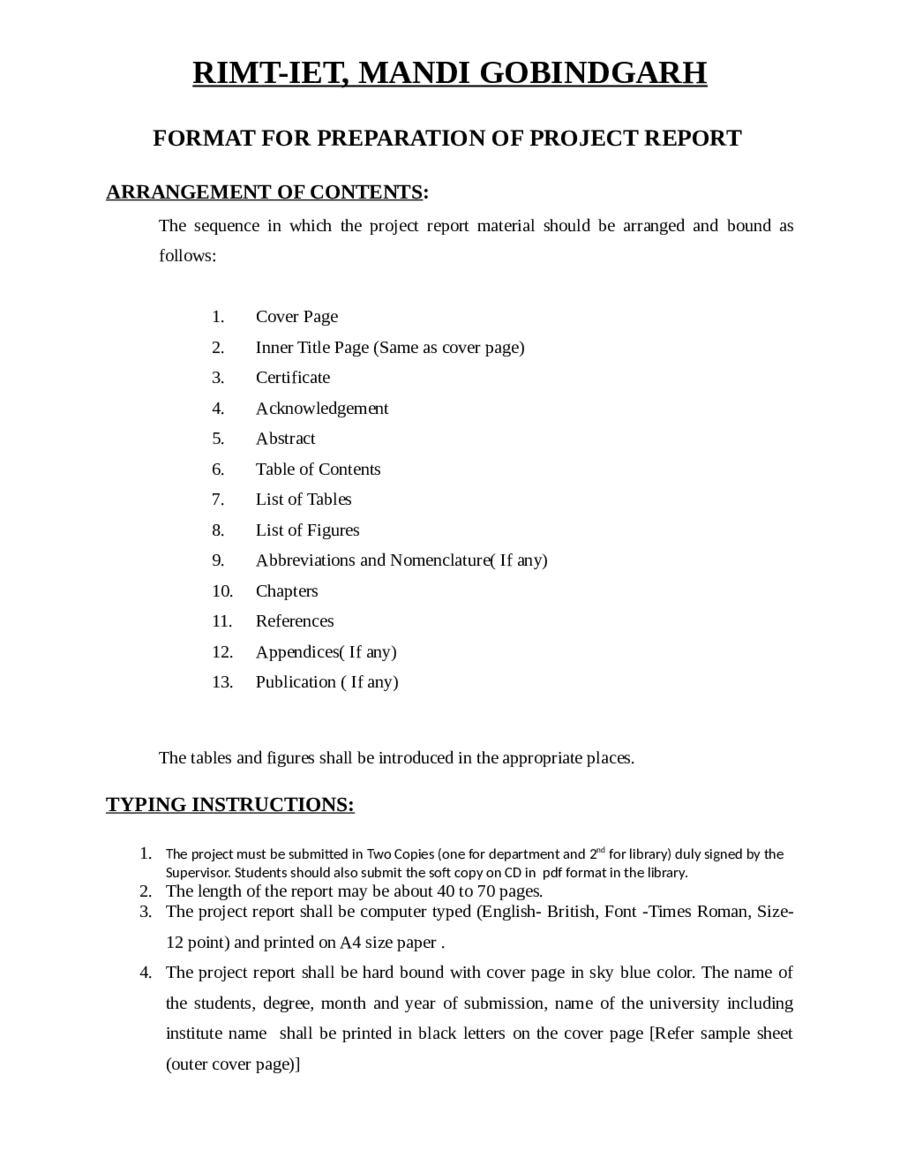 Format For Preparation Of Project Report