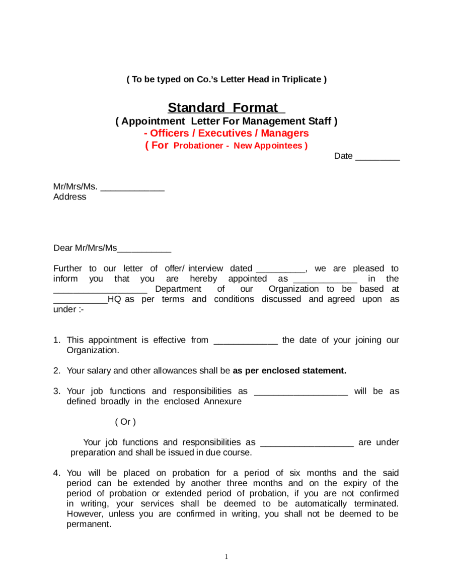 Appointment Letter for Management Staff