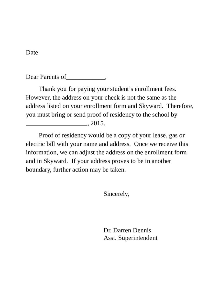 Proof of Residency Letter from Family Member