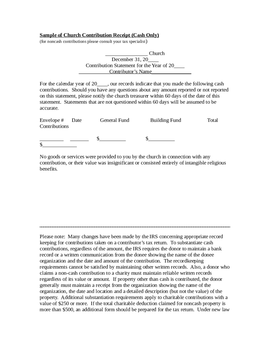 Sample of Church Contribution Receipt (Cash Only)