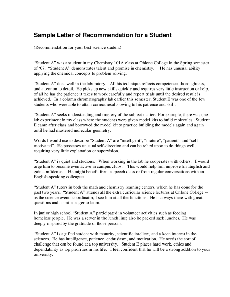 Letter Of Recommendation Template For High School Student