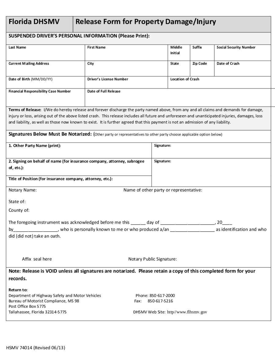 Release Form for Property Damage/Injury