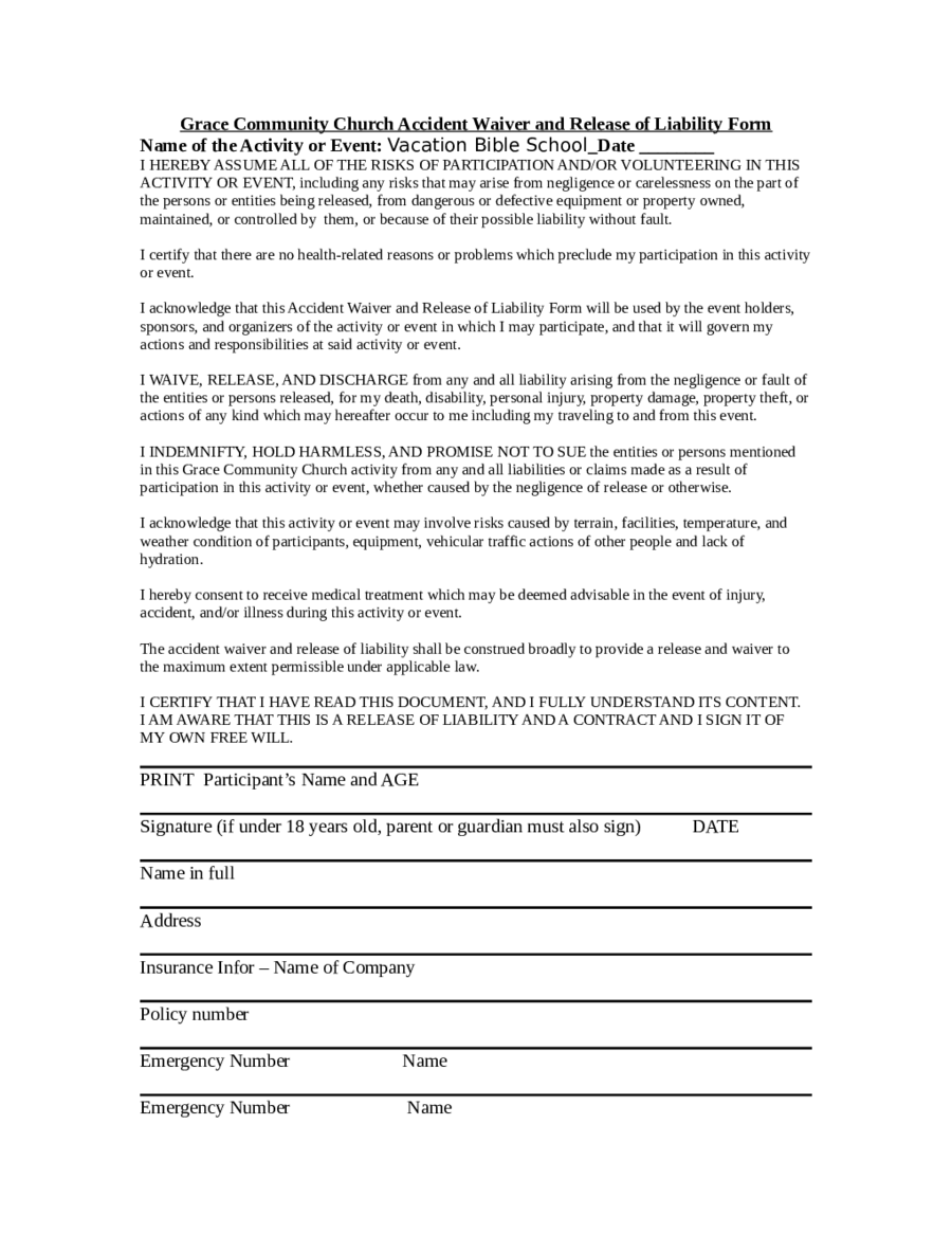 Grace Community Church Accident Waiver and Release of Liability Form