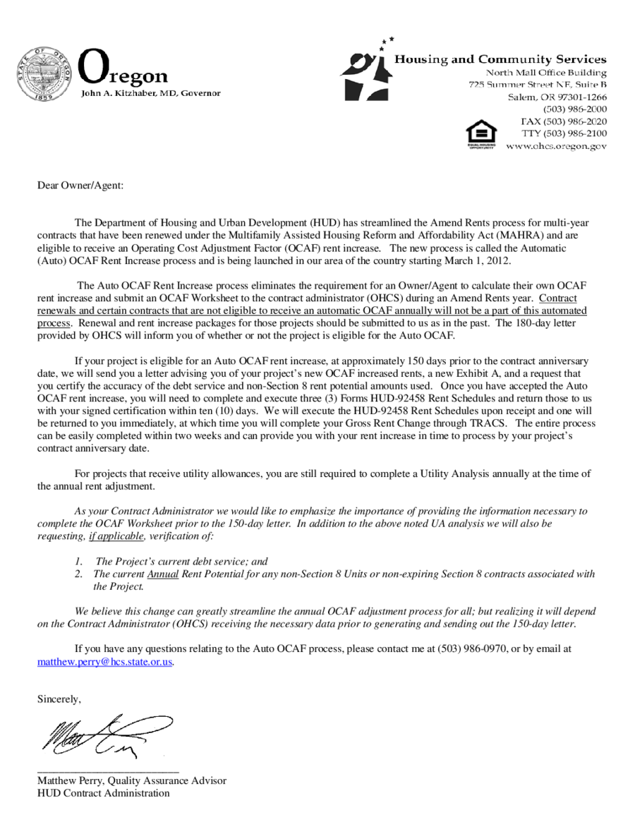 Auto OCAF Rent Increase Process Letter