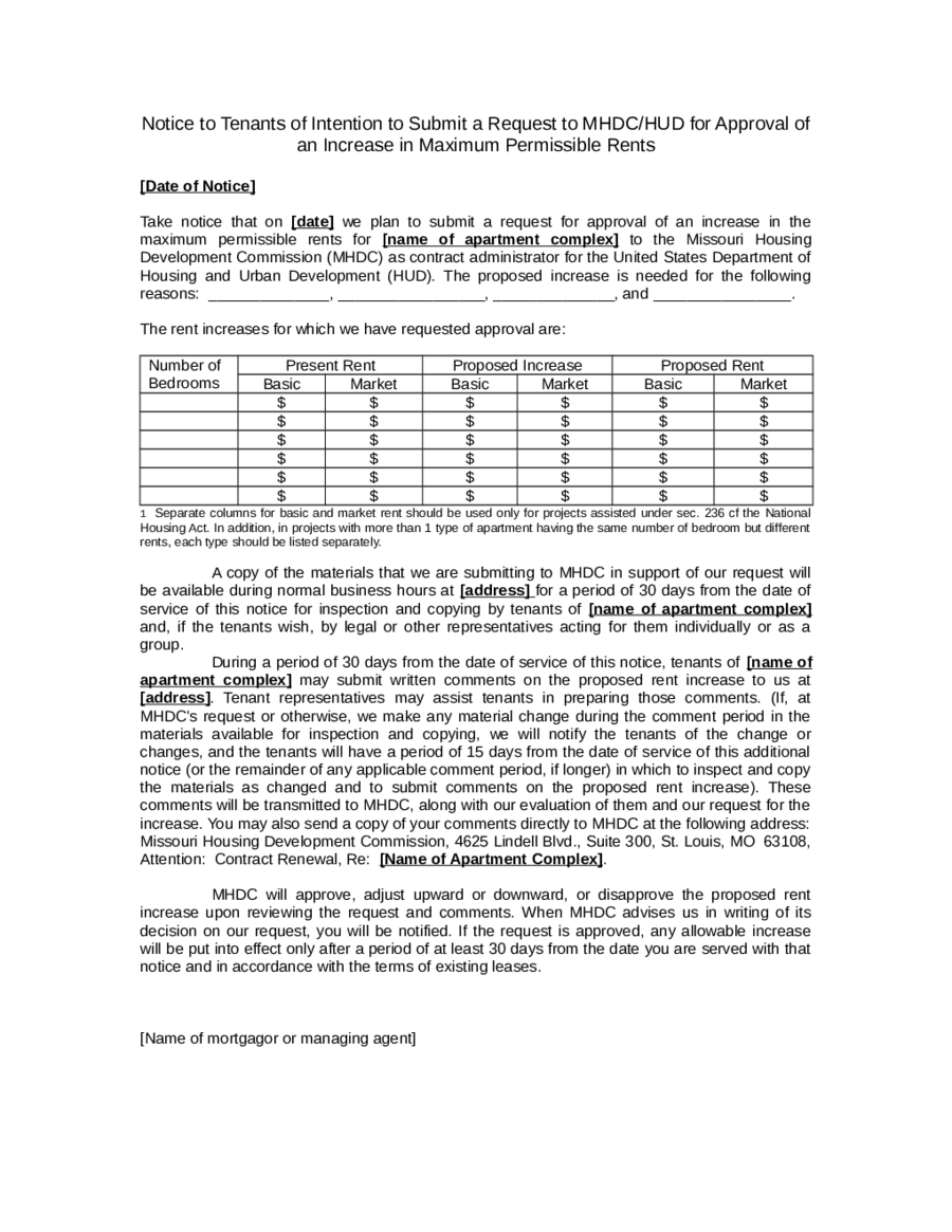 Notice to Tenants of Intention To Submit a Request to HUD for Approval of an Increase in Maximum Permissible Rents