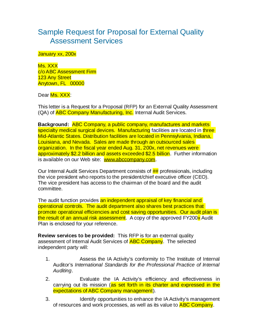 Sample Request for Proposal for External Quality Assessment Services