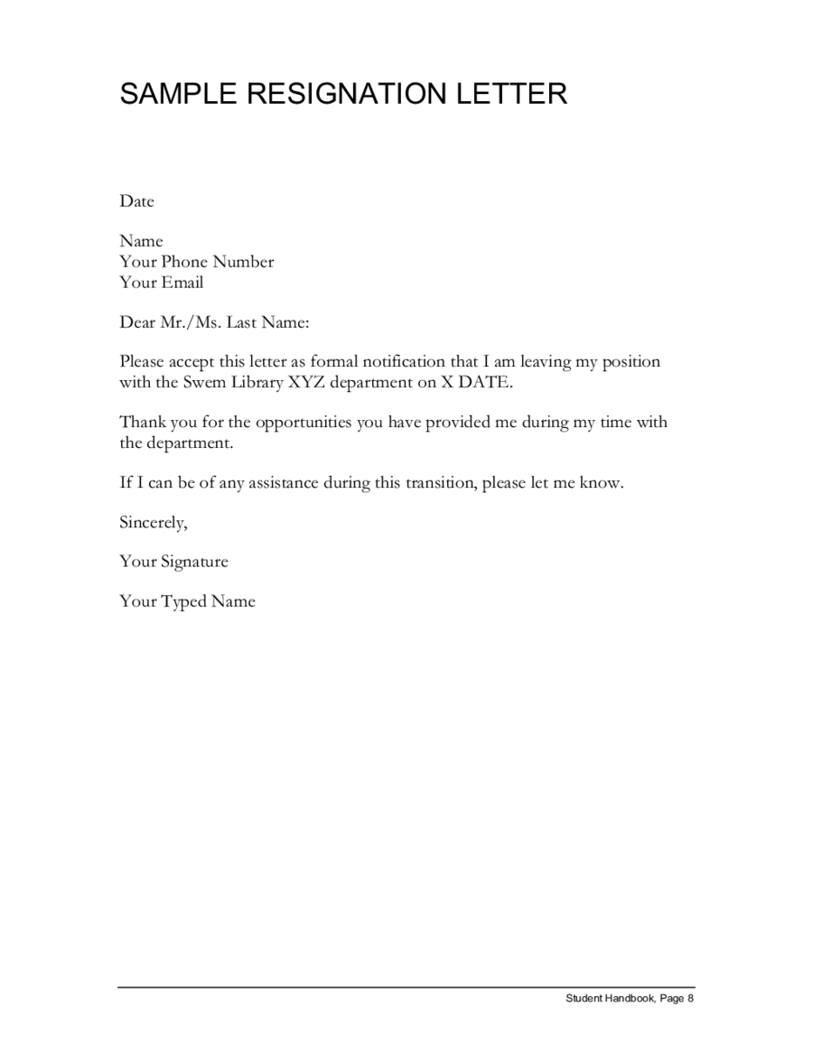 Resignation Letter Sample For Swem Library Student Employees Throughout Standard Resignation Letter Template