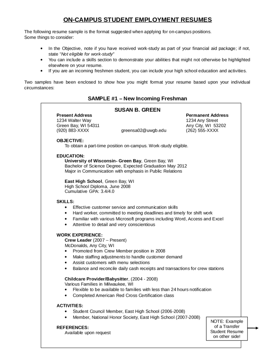 On-Campus Student Employment Resumes