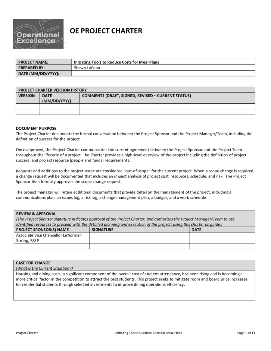 Project Charter Pmbok Template