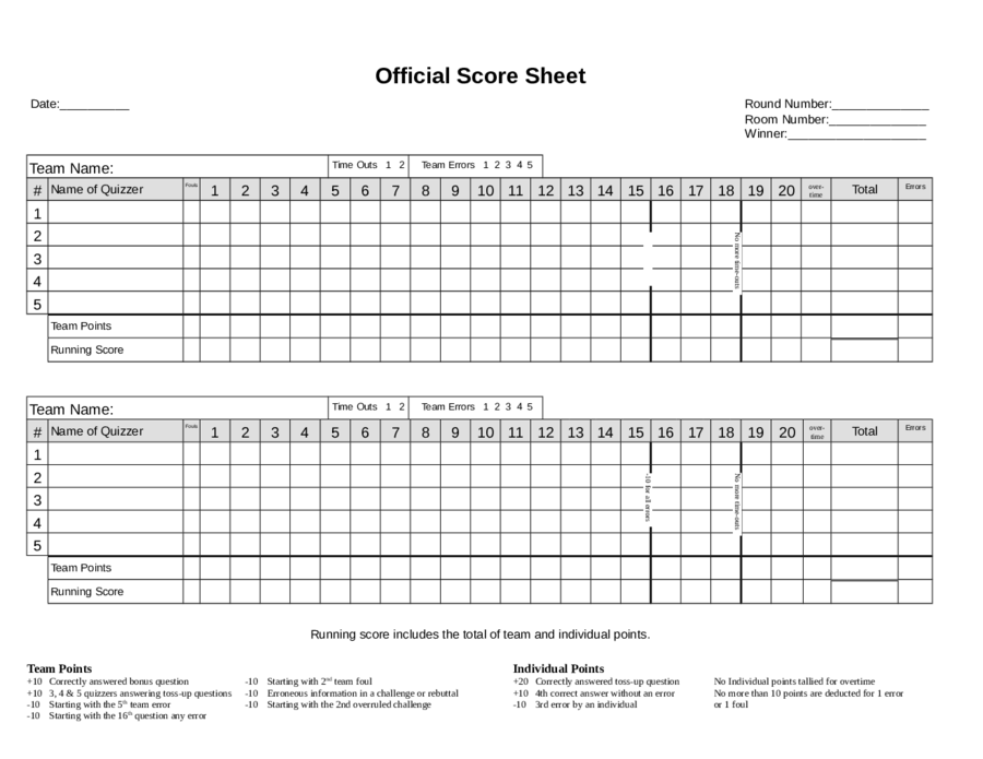 Score Sheet 2 Team