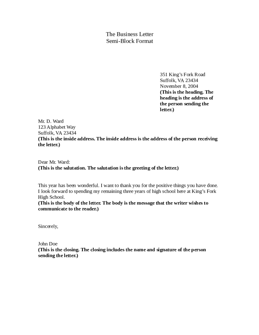 Semi Block Style Business Letter Format