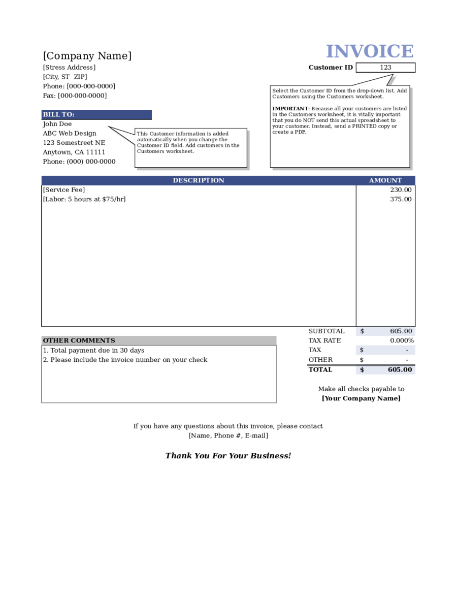Service Invoice Template with Customer List